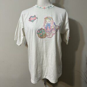 Vtg Fashion Gear White T-shirt Single Stitch Hand Stitch Rabbits Embroidery Sz L